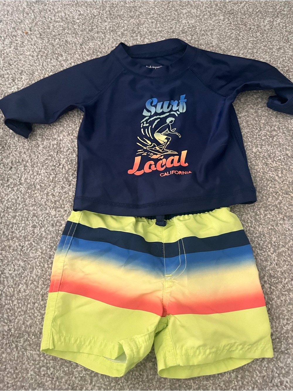 First Impressions Navy Rash Guard with Lime and Sunset Stripe Swim Shorts